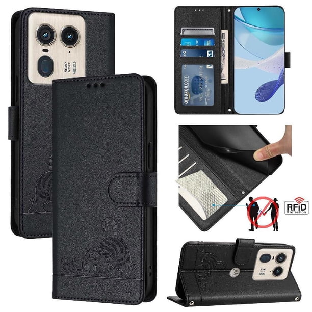 Funda tipo cartera FOXDOCK para MOTOROLA Edge 50 con soporte, ranuras, RFID, diseño de gato