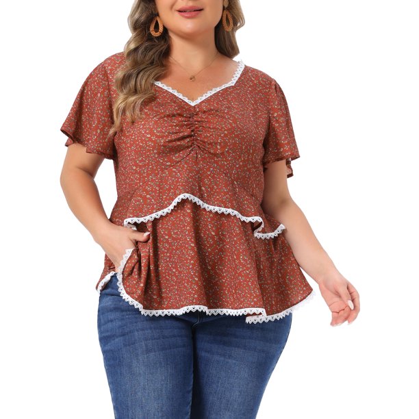 Agnes Orinda Blusas de Verano para Mujer Tallas Grandes con Cuello de Corazón Floral, Encaje, Manga Corta con Volantes 3X Rojo