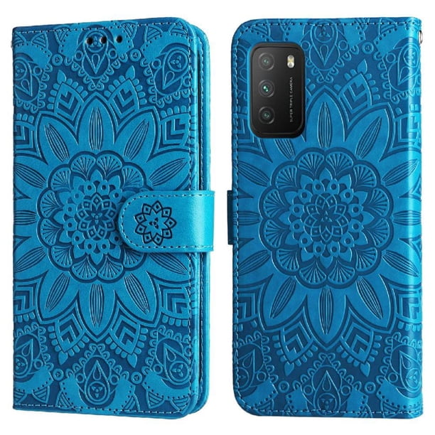 Funda tipo cartera FOXDOCK para Xiaomi Poco M3 , diseño girasol en relieve, cuero PU, cierre magnético, soporte y tarjetero