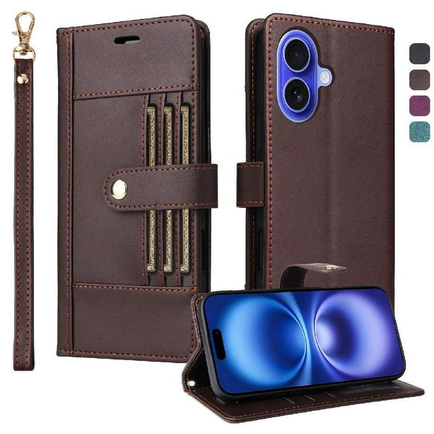 FOXDOCK Funda tipo Cartera para iPhone 16 Plus – Cubierta de Cuero PU con Múltiples Ranuras, Bolsillo para Efectivo y Correa de Muñeca