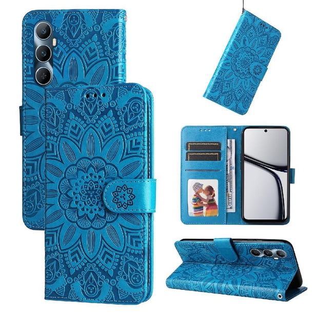 Funda tipo cartera FOXDOCK para Realme C65 4G , diseño girasol en relieve, cuero PU, cierre magnético, soporte y tarjetero
