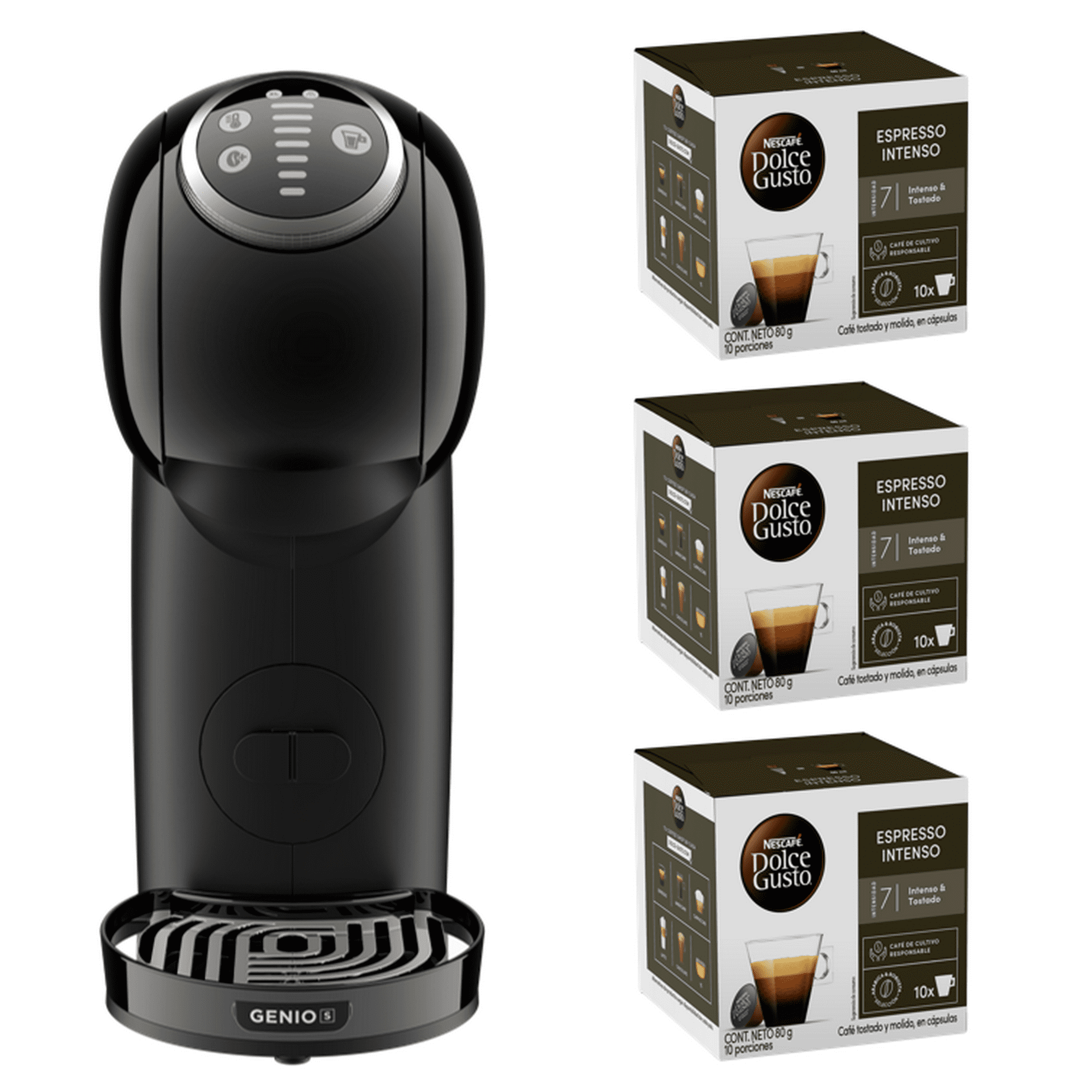 Dolce Gusto - Cafetera Genio S Plus Black + Cápsulas Espresso Intenso X3 Cajas