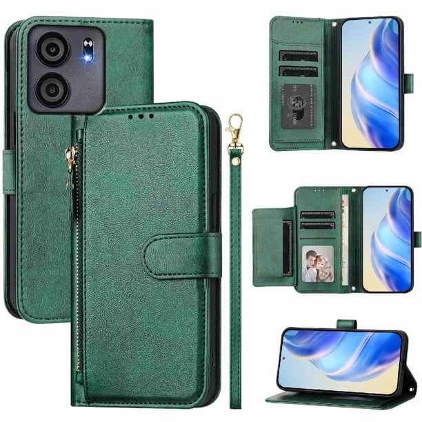 Funda tipo cartera para BLU View 5 con bolsillo con cremallera, tarjetero, soporte, correa para la muñeca y tapa de cuero verde
