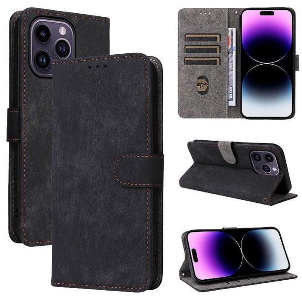 Funda Billetera para iPhone 15 Plus con Soporte - Cartera de Cuero con Ranuras Negro