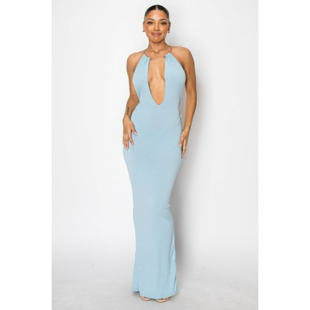 Saronite Vestido de Fiesta de Corte Alto, Elástico, con Escote en V Profundo, Espalda Descubierta y Abertura, Azul Claro (para Mujer)
