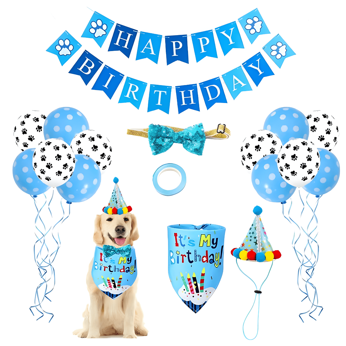 Kit Decoración Cumpleaños Para Perro Bandana Gorro Globos