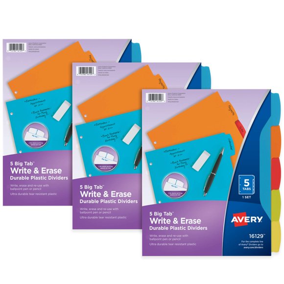 Separadores de plástico Avery Big Tab Write & Erase, juego de 5 pestañas, x3