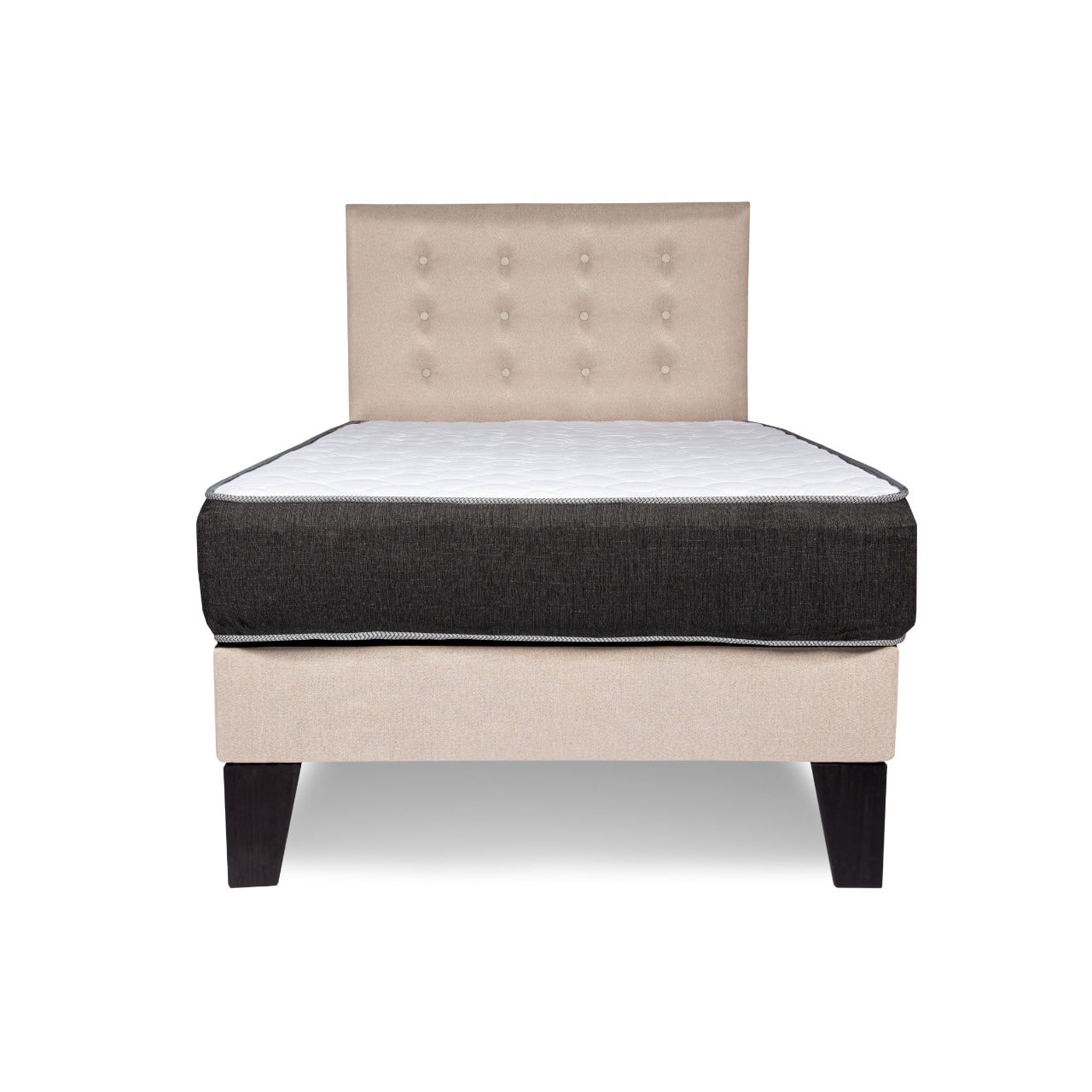 M Sole - Cama 1 Plaza Completa Base Americana + Colchón De Resortes + Respaldo Botones Beige