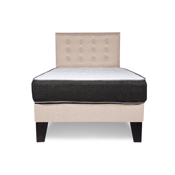 Cama 1.5 plazas completa Base americana + colchón de resortes + respaldo botones beige