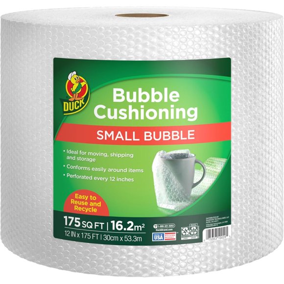 Duck Brand Small Bubble Cushioning Wrap, 12 in x 175 ft, transparente