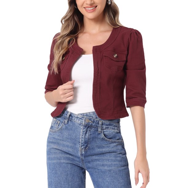 INSPIRE CHIC Chaquetas de Jean de Mezclilla Recortadas sin Cuello de Manga 3/4 para Mujer Fucsia 3XL