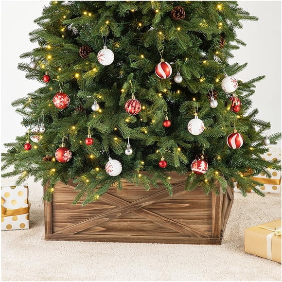 Collar de árbol de Navidad Glitzhome, caja de madera natural para árbol
