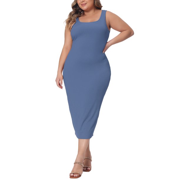 Agnes Orinda Trajes de Halloween Vestido de Mujer Tallas Grandes Vestido de Verano Sin Mangas Cuello Cuadrado Ajustado Cóctel Vestido de Tirantes 2X Azul
