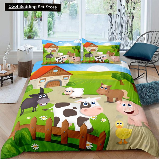 Farm Animals Duvet Cover Cartoon Farmhouse Cow Pig Duck Bedding Set for Boys Girls Sheep Green Polyester Quilt Cover Bed Sheets