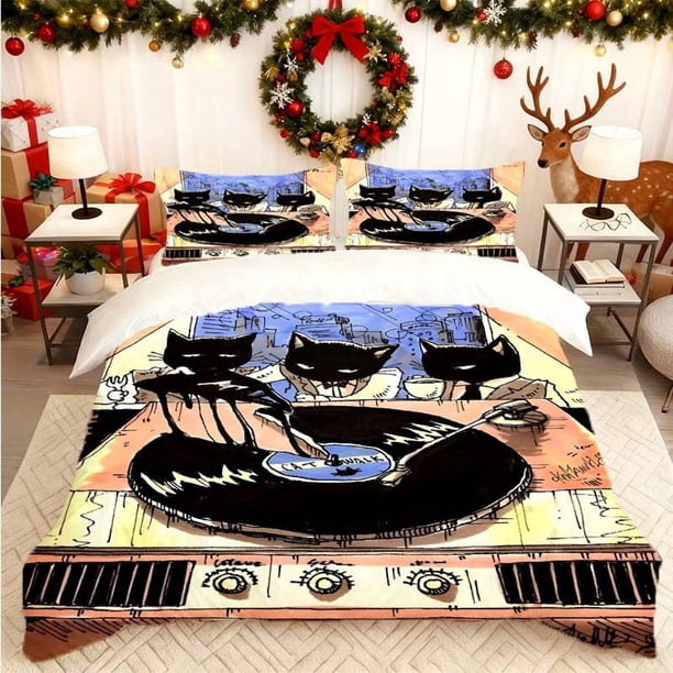 Black Cat Playing a Record Player Printed Duvet Cover Set Bedding Including Duvet Cover and Pillowcases Multi-Color Print Suitable