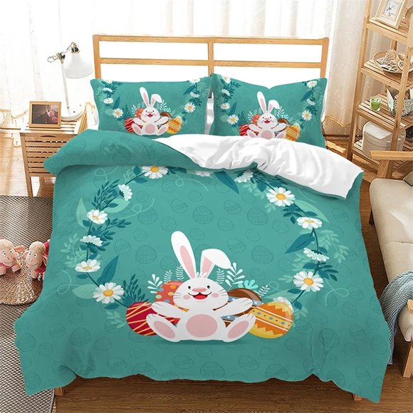 Easter Duvet Cover Set/ Colorful Easter Eggs Nest Bunnies Theme Bedding Set Kids Boys Girls Polyester Quilt Cover