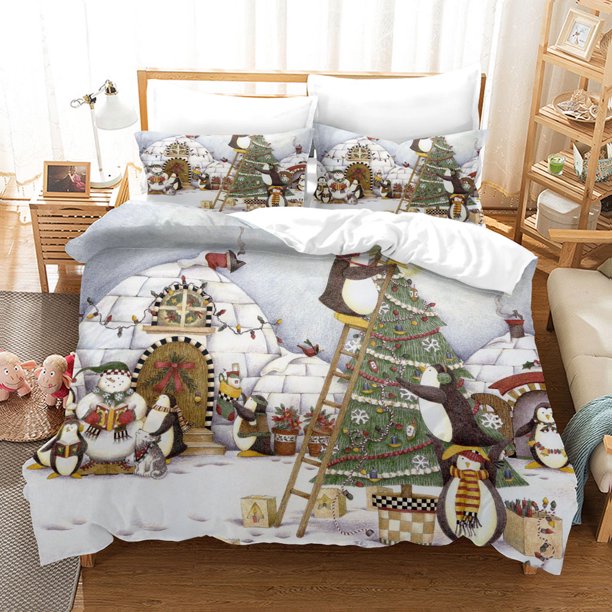v2589 Bed Sheets Christmas Santa Claus Bedding Set Quilt Cover Pillowcase Cartoon Bedspread Single Twin Full Bedclothes Children Adults Bedroom 3-Piece Bedding Set (1 Duvet Cover + 2 Pillow Shams) Bed