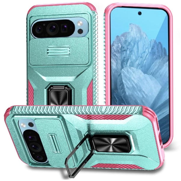 Funda Armada para Google Pixel 9 Pro con Tapa Deslizante y Soporte Magnético Giratorio Verde