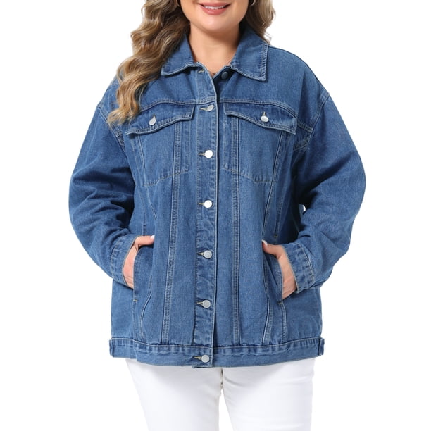 Chaqueta de Mezclilla para Mujer de Talla Grande Agnes Orinda con Botones, Solapa y Manga Larga, Estilo Boyfriend, Casual, 2X Azul