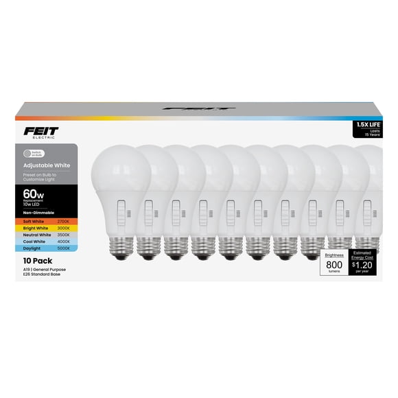 Bombilla LED Feit Electric A19, 10 W (equivalente a 60 W), 800 lm, paquete de 10