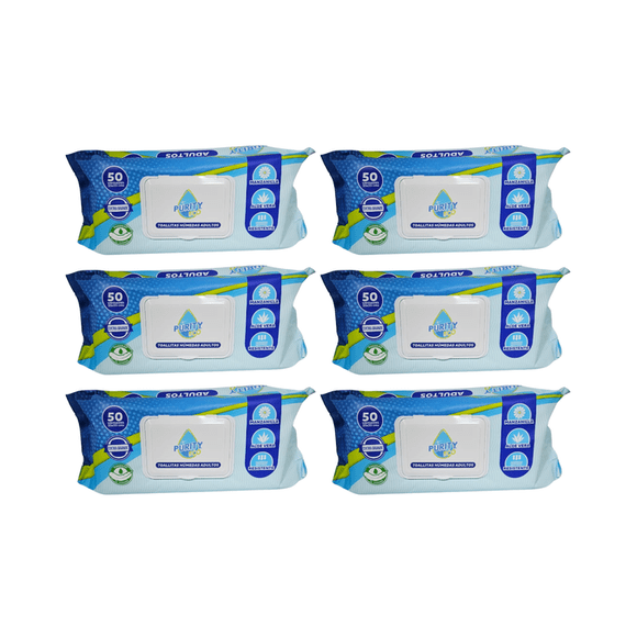 Pack 6 Toallitas Húmedas Adulto Purity Eco 50 Un , Extra Grande.