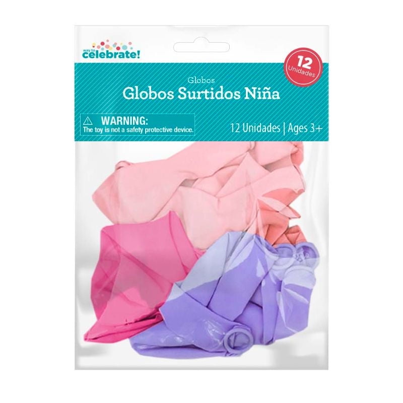 Set 12 Globos Surtidos Niña (palo Rosa-fucsia-lila) Way to celebrate