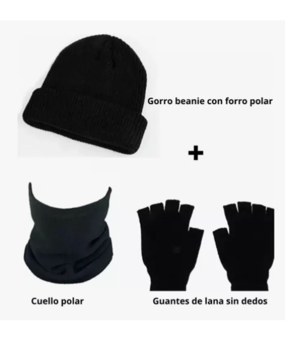 Mercado Ideas - Guantes De Lana Sin Dedos + Gorro Beanie Y Cuello Polar Para Jovenes Y Adultos
