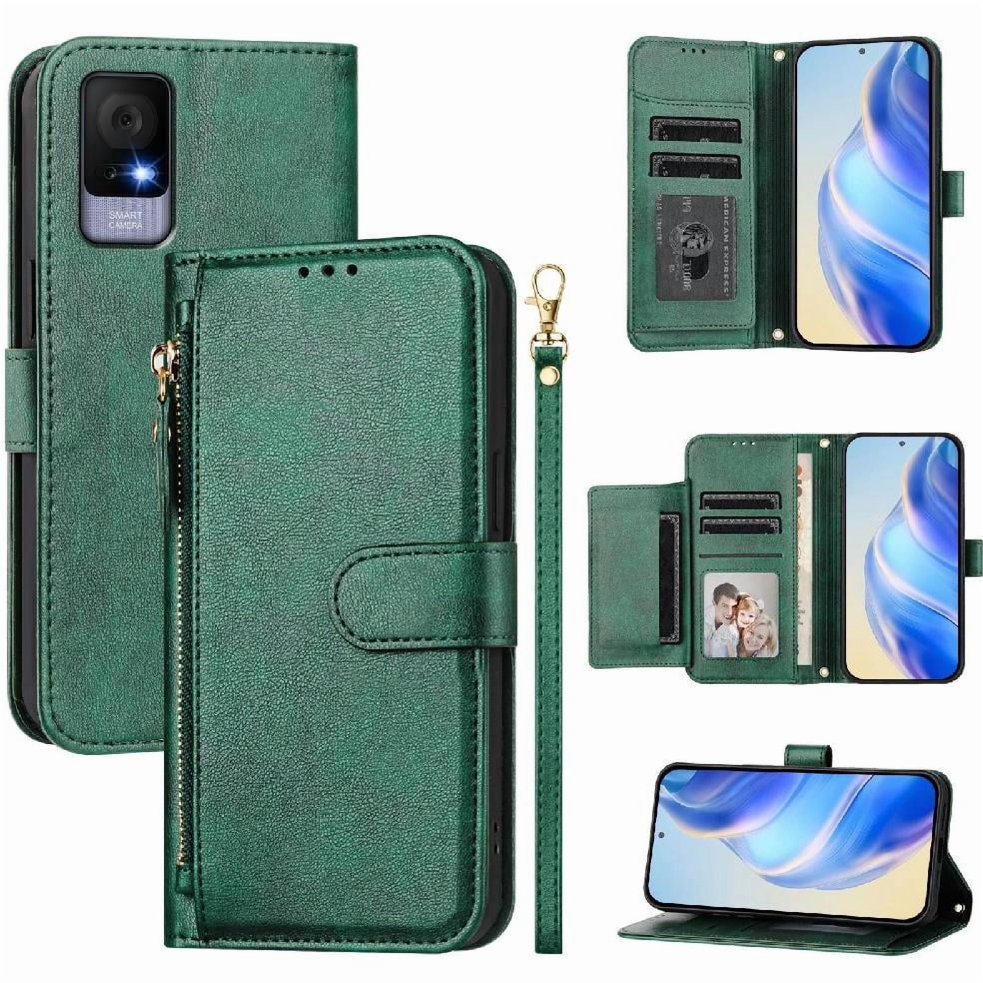 Foxdock - Funda Tipo Cartera Para Tcl 405 Con Bolsillo Con Cremallera, Tarjetero, Soporte, Correa Para La Muñeca Y Tapa De Cuero Verde