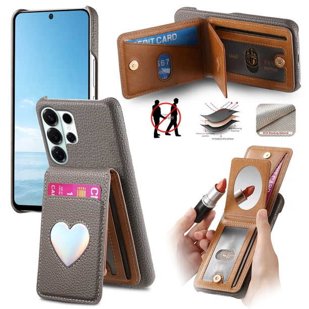Funda FOXDOCK para Samsung Galaxy S26 Ultra con función billetera, soporte ajustable y diseño con espejo-gris plateado