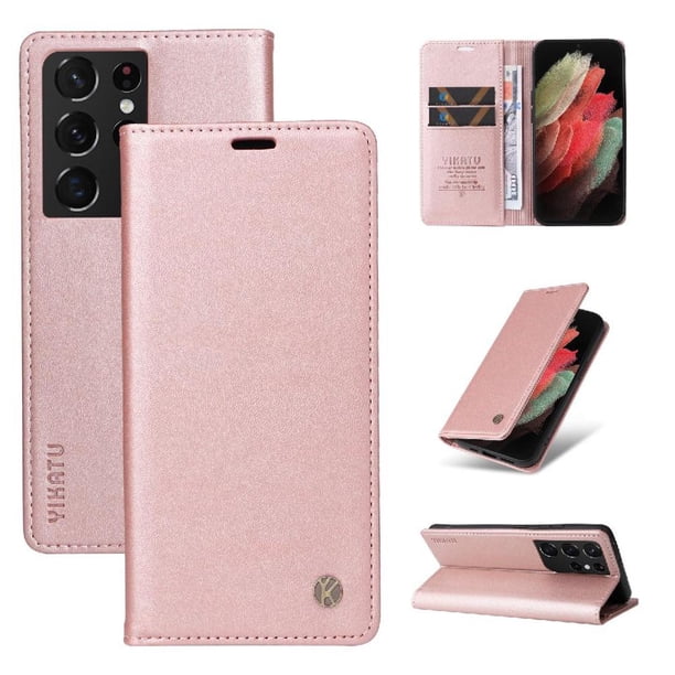 Funda Billetera de Cuero para Samsung Galaxy S21 Ultra con Tarjetero y Soporte - Tapa Magnética Rosa