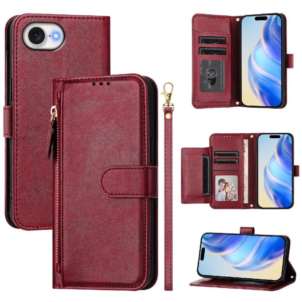 Foxdock - Funda Tipo Billetera Para Iphone 16e Con Cremallera Portatarjetas Soporte Correa De Muñeca Cuero Rojo