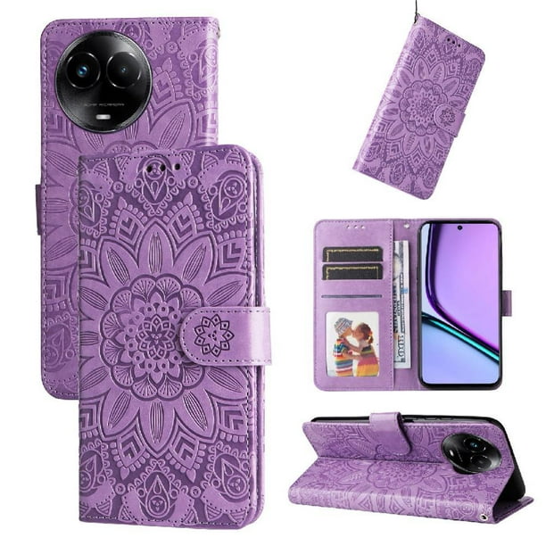 Funda tipo cartera FOXDOCK para Realme C67 5G , diseño girasol en relieve, cuero PU, cierre magnético, soporte y tarjetero
