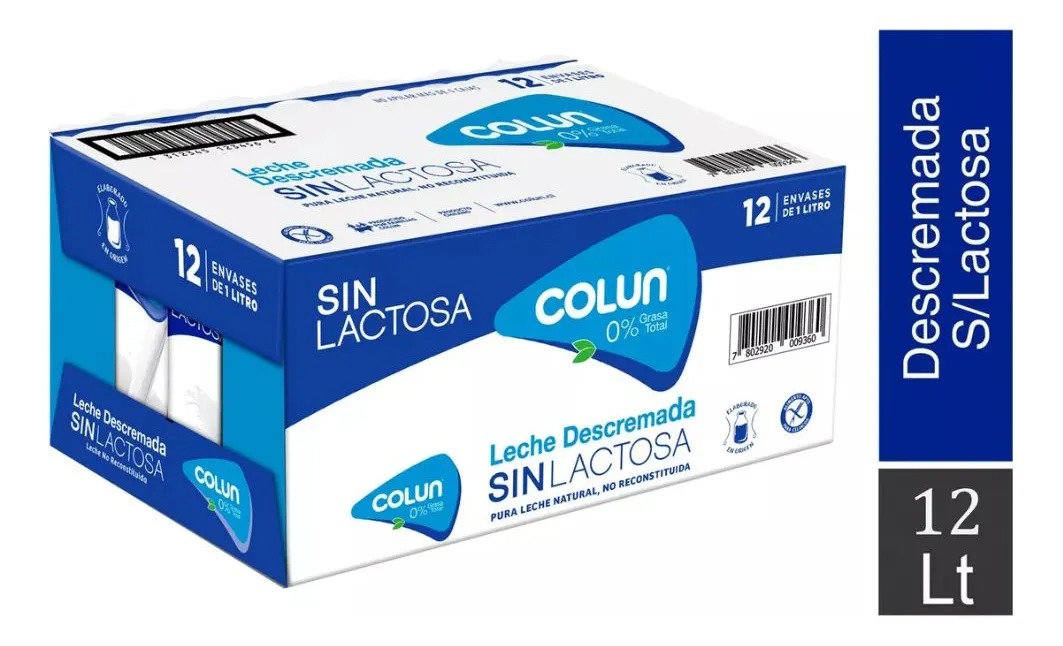Leche Descremada Sin Lactosa 1 Lt Colun, Pack 12