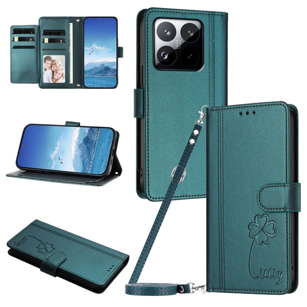 Funda Cartera Trébol para Xiaomi 15T con Ranuras Tarjetas y Carga Inalámbrica Verde oscuro