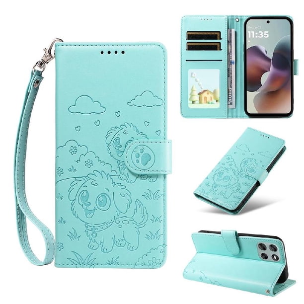 Funda Cartera para Motorola Moto G56 Perro Cachorro Grabado con Tarjetas Soporte Correa Verde