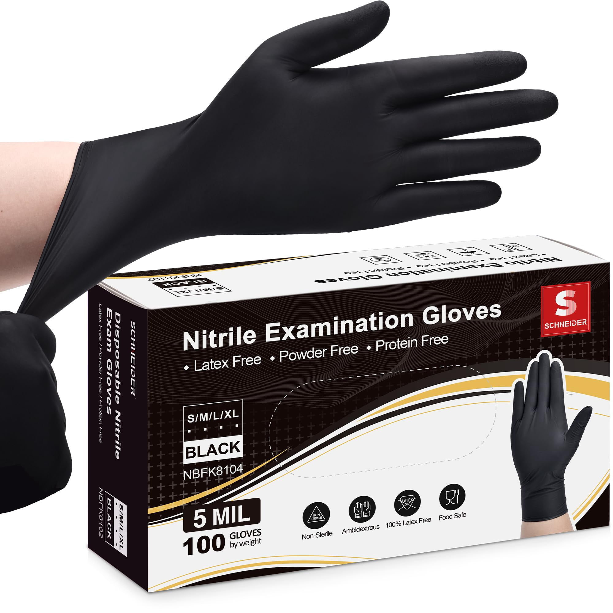 Guantes De Nitrilo Schneider Negros De 5 Milésimas, 100 Unidades, Talla Grande
