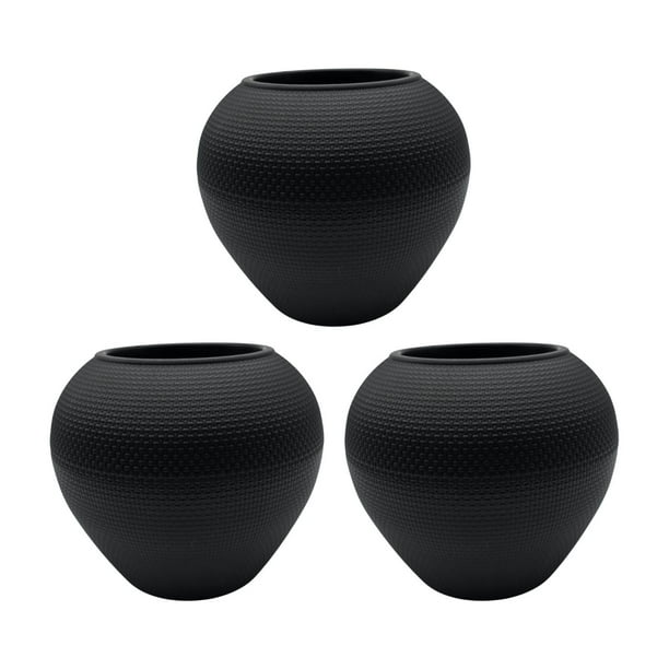 Set 3 Maceteros Plastico Redondo Ovalado Moderno Textura S negro