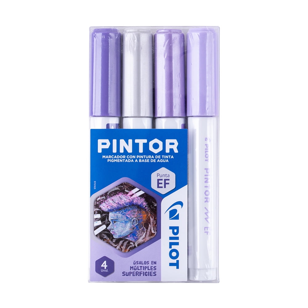 Pilot - Set Marcador Pintor Extra Fino 4un Plateado, Violeta Pastel, Violeta, Violeta Metalizado