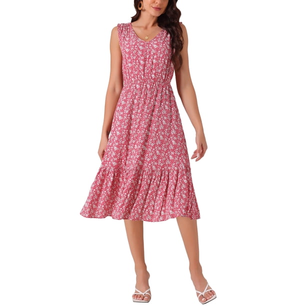 INSPIRE CHIC Vestido Midi Sin Mangas con Estampado Floral de Mujer, Escote en V, Volantes en Capas, Cintura Elástica, Vestido de Verano Casual con Bolsillos Rojo S