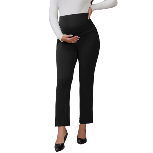 INSPIRE CHIC Pantalones de Maternidad para Mujeres para el Trabajo Sobre el Vientre Pantalones de Oficina de Negocios de Cintura Alta con Bolsillos S Negro