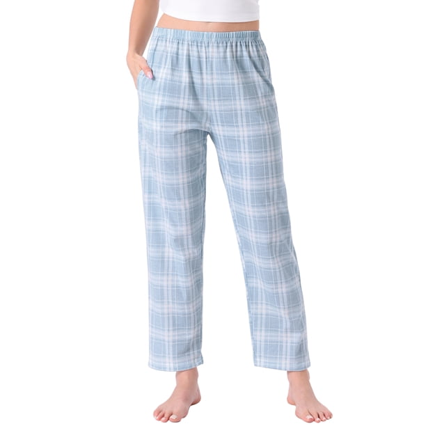 Pantalones de pijama de algodón a cuadros para mujer con cintura elástica y bolsillo para un sueño cómodo L Azul a cuadros