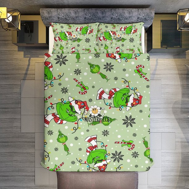Merry Christmas Grinch 3 Pieces Duvet Cover Set Full Size Super Soft Fade Resistant Microfiber
