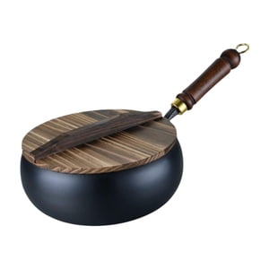 Magideal - Partita De Wok De Hierro, Sartén Salteada, Olla De Cocción Doméstica, Fondo Plano Con Tapa Y Mango De Madera, Sin Recubrimiento De Inicio Ninterianos 24 Cm