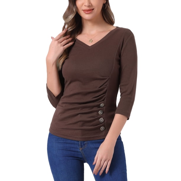 INSPIRE CHIC Blusa Fruncida para Mujer de Regreso a Clases con Botones Decorativos Cuello en V Manga 3/4 Top de Punto Sólido Marrón Café XL
