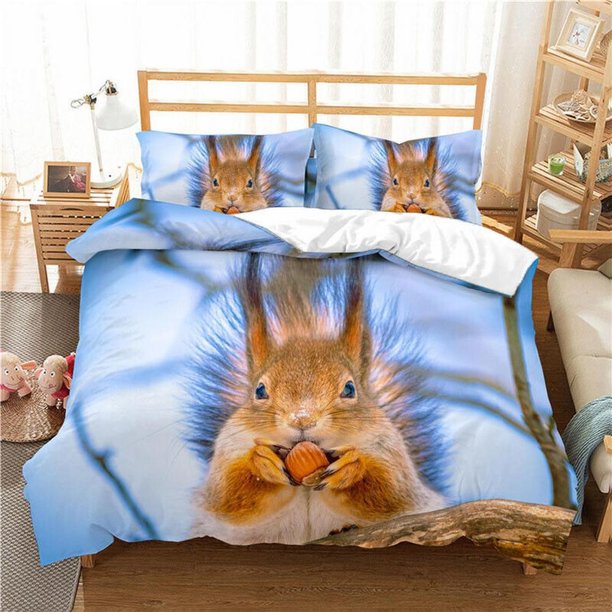 Squirrel Cute Animal Print Quilt Duvet Cover Set Pillowcase Children Queen3-Piece Bedding Set