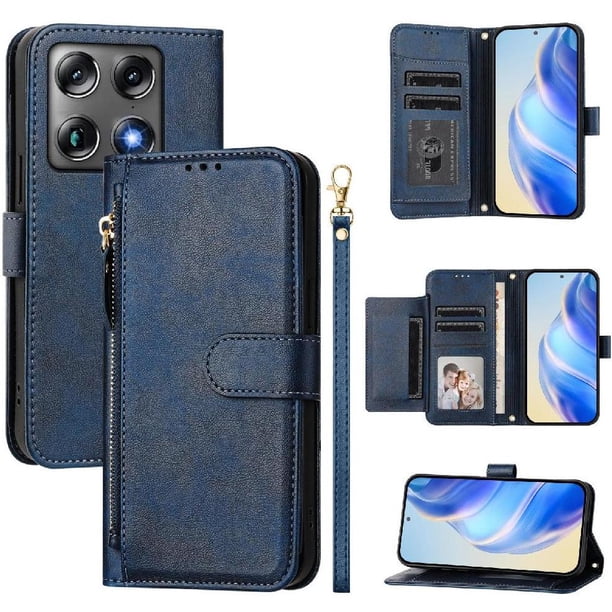 Funda Billetera Cremallera para Motorola Signature con Porta Tarjetas, Soporte y Correa Azul