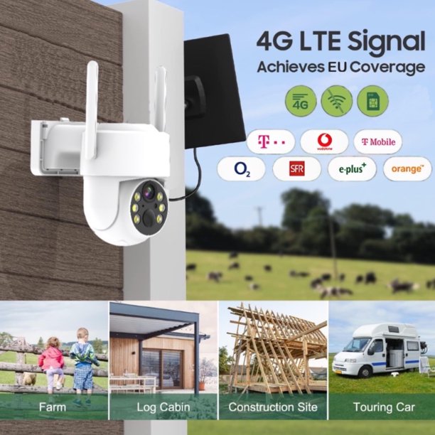 Cámara de Seguridad Celular 4G LTE Cámaras Inalámbricas para Exteriores Cámaras con Batería Alimentadas por Energía Solar 355°PTZ Visión Nocturna en Color 2K/4MP, Comunicación Bidireccional,