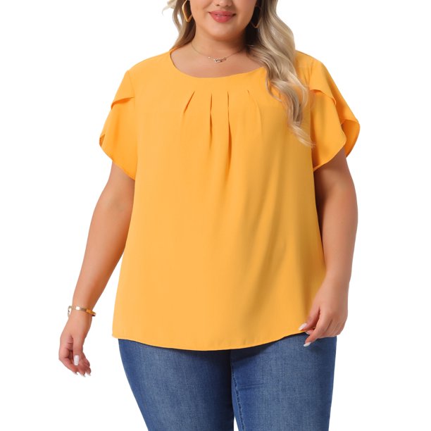 Agnes Orinda Blusas de Verano para Mujer de Talla Grande con Mangas Cortas Plisadas, Cuello Redondo y Mangas de Tulipán 3X Amarillo