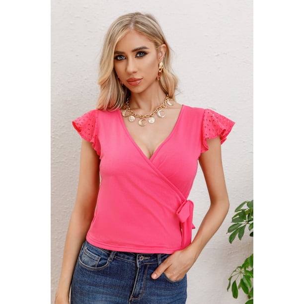 Polera Mujer Algodon Elasticada Manga Corta Broderie Cuello V 3315