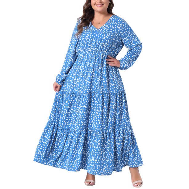 Agnes Orinda Vestido Maxi Largo de Lunares para Mujer Talla Grande de Escuela Colegio con Mangas de Linterna y Dobladillo con Volantes Flowy Boho 1X Azul